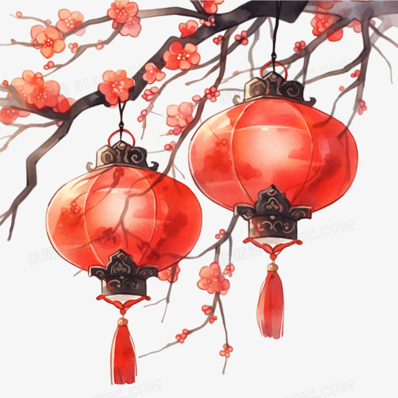 中国风新年水彩红灯笼装饰元素
