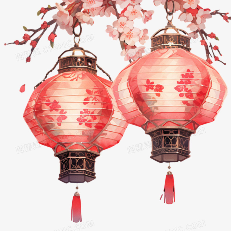 中国风新年水彩红灯笼装饰元素
