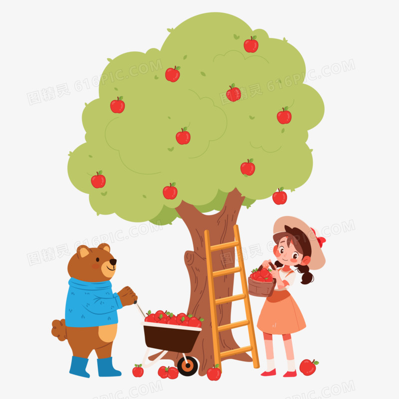 手绘卡通女孩与熊摘苹果素材