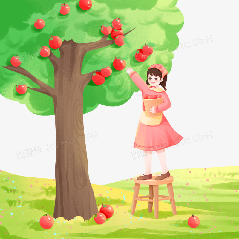 手绘小女孩摘苹果素材