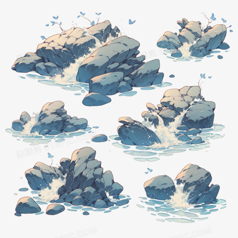 插画海浪拍打礁石