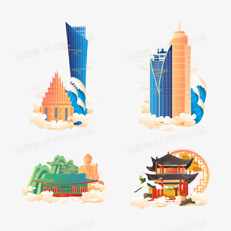 一组国风插画杭州地标性建筑套图合集素材