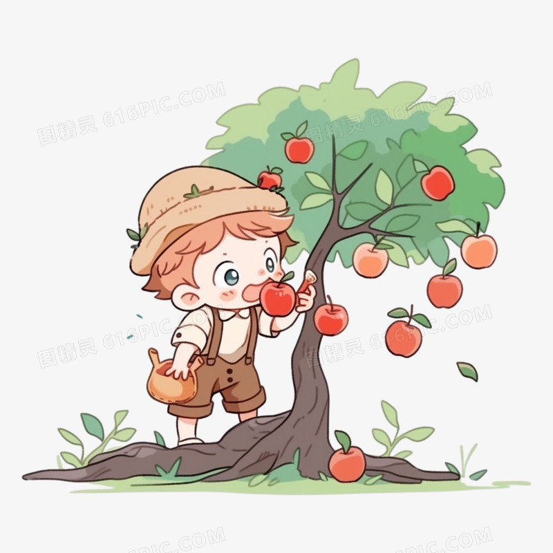 平面卡通单人摘苹果