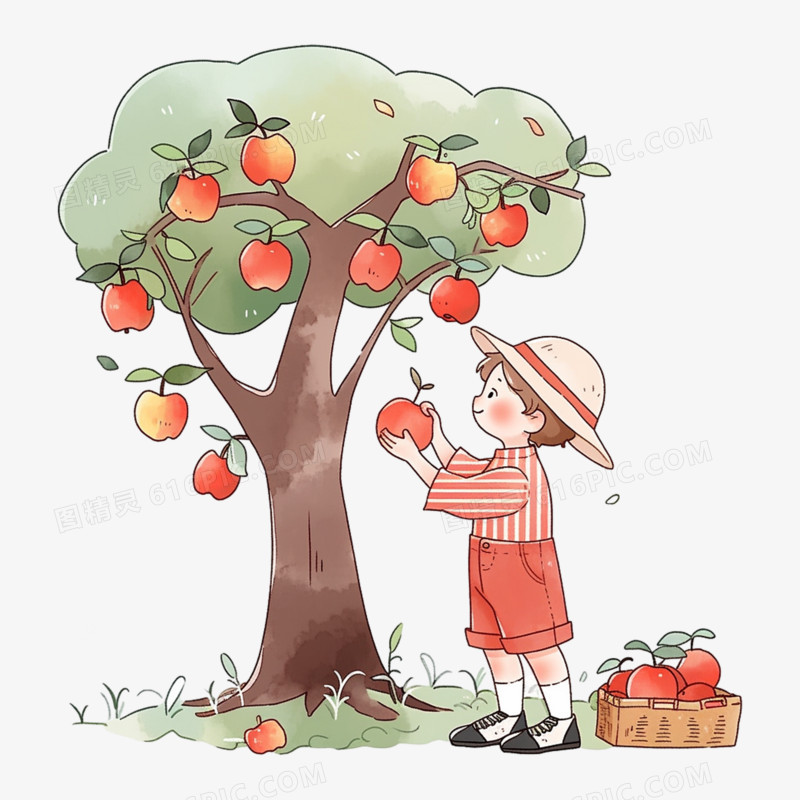 平面卡通单人摘苹果
