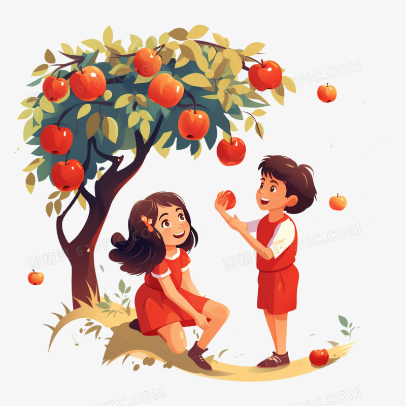 插画卡通两人摘苹果