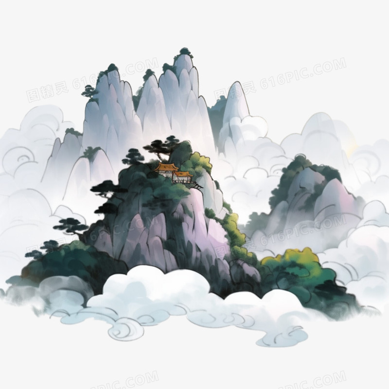 山峰云彩手绘水彩画