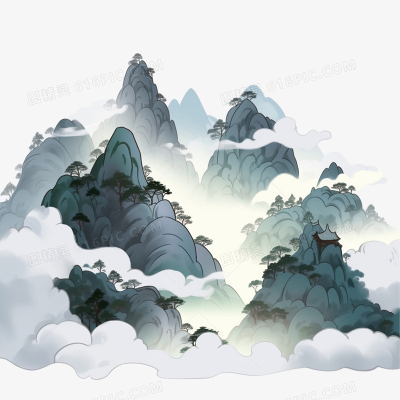 山峰云彩手绘水彩画