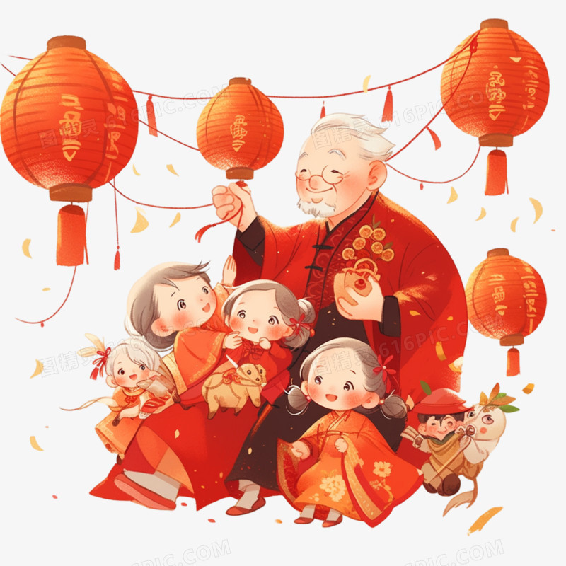 插画风爷爷奶奶一家人过新年免抠素材