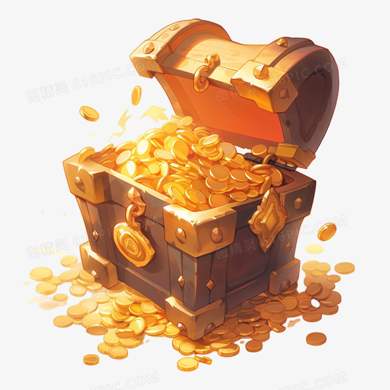 插画风格装满金币的宝箱免抠素材