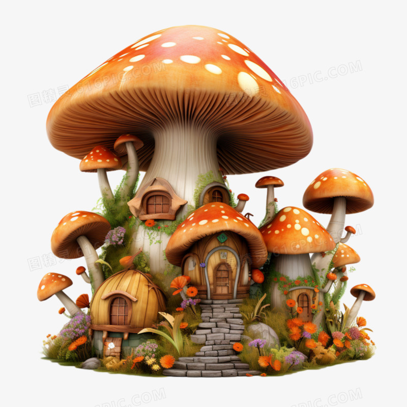 3D立体蘑菇屋免抠元素