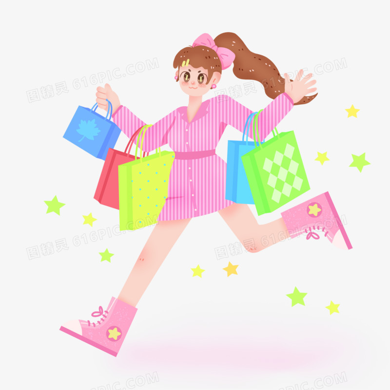 卡通手绘粉色芭比风女孩开心购物元素