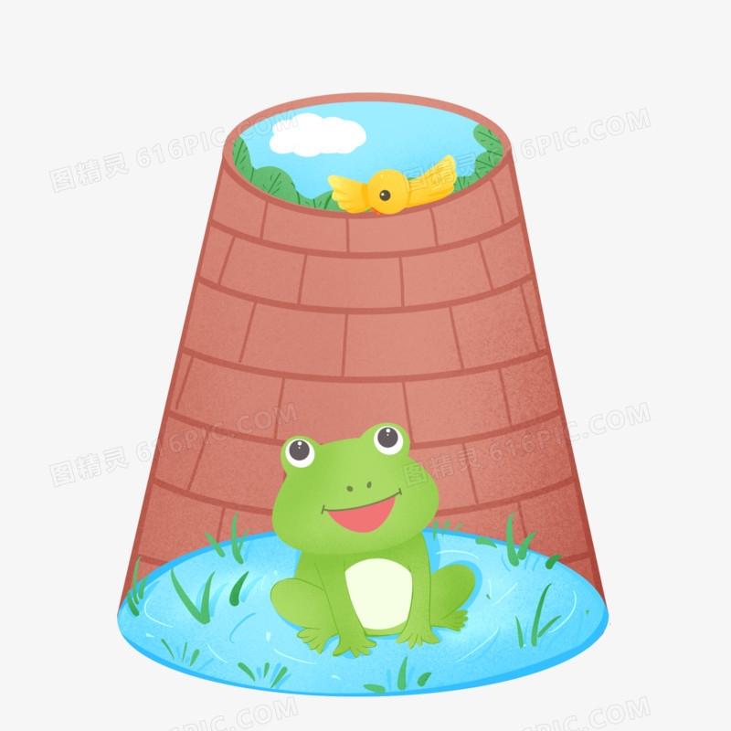 手绘坐井观天青蛙和小鸟说话素材