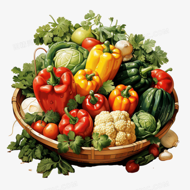 新鲜蔬菜堆手绘插画绿色青菜元素