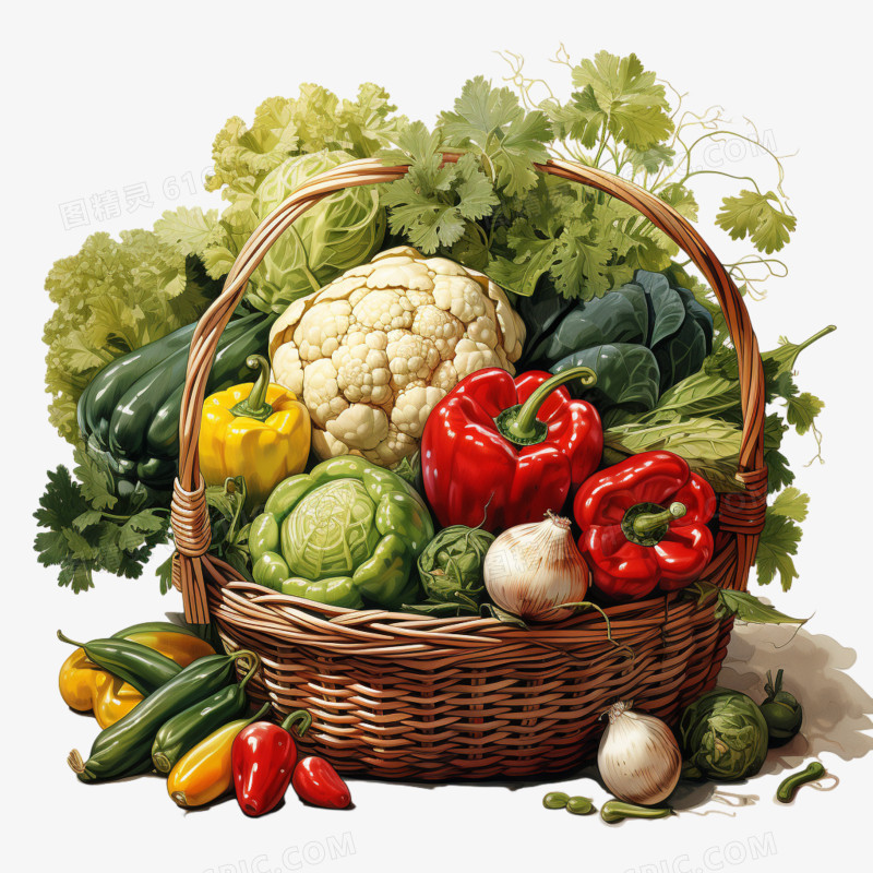 新鲜蔬菜堆手绘插画绿色青菜元素