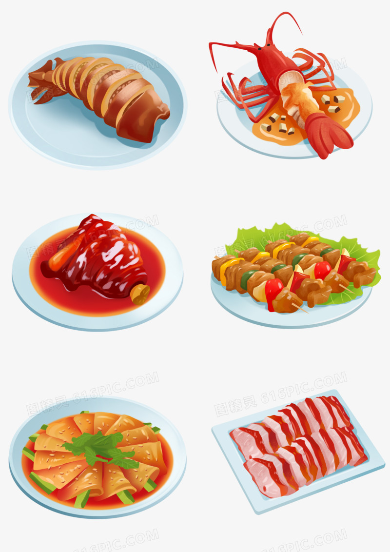 一组手绘插画不同美食套图合集元素