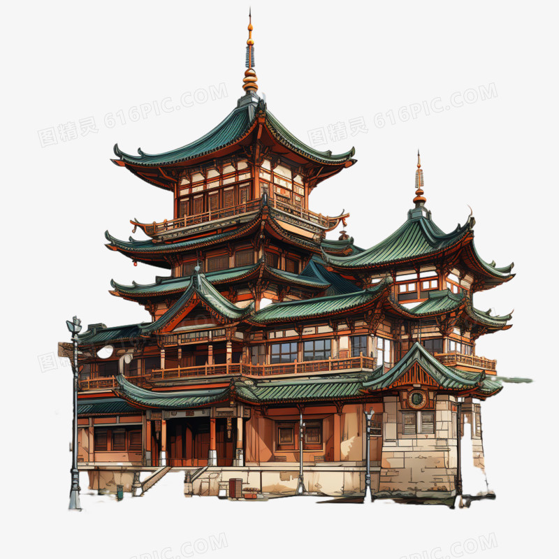 插画风中国式建筑免抠素材