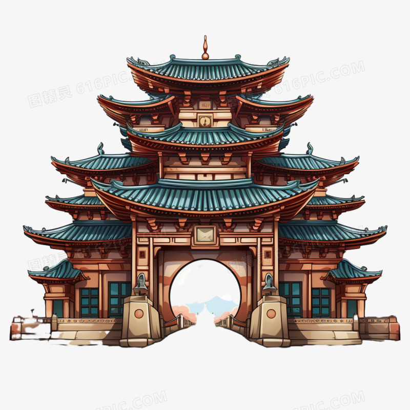 插画风中国式建筑免抠素材