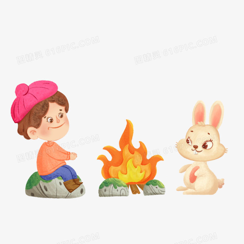 卡通手绘小男孩和兔兔取暖素材