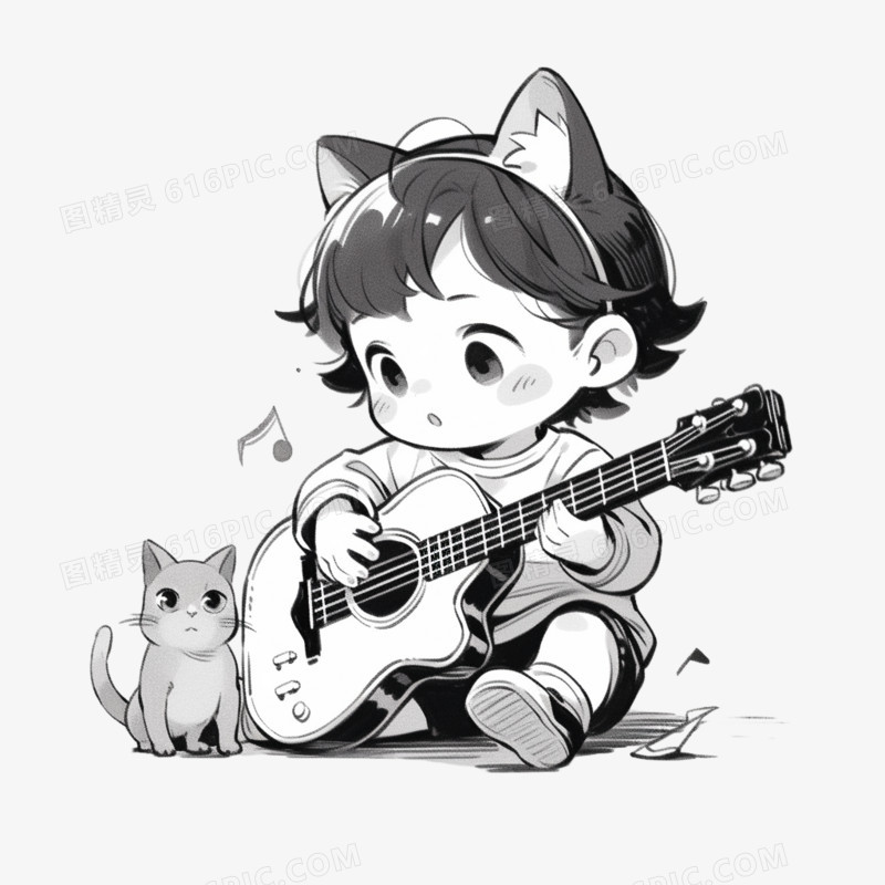 黑白手绘插画儿童弹吉他演奏音乐元素