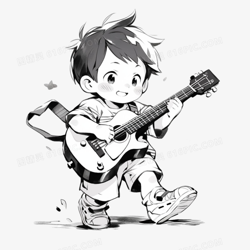 黑白手绘插画儿童弹吉他演奏音乐元素