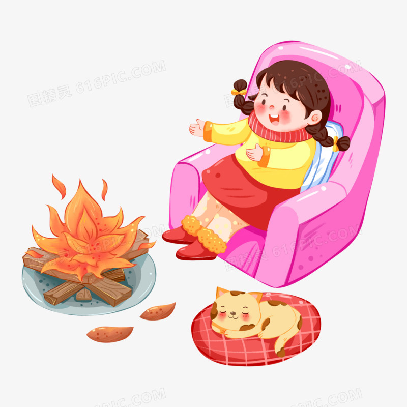 手绘女孩坐着烤火取暖元素