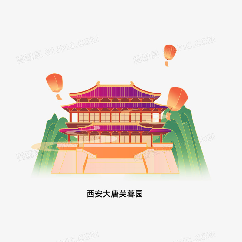 一组中国风文化古代建筑素材西安大唐芙蓉园套图合集元素三