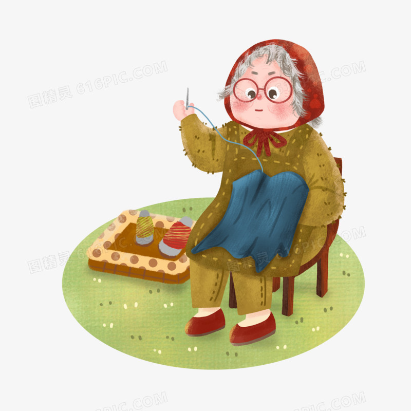 卡通手绘插画老奶奶母亲缝补衣服元素