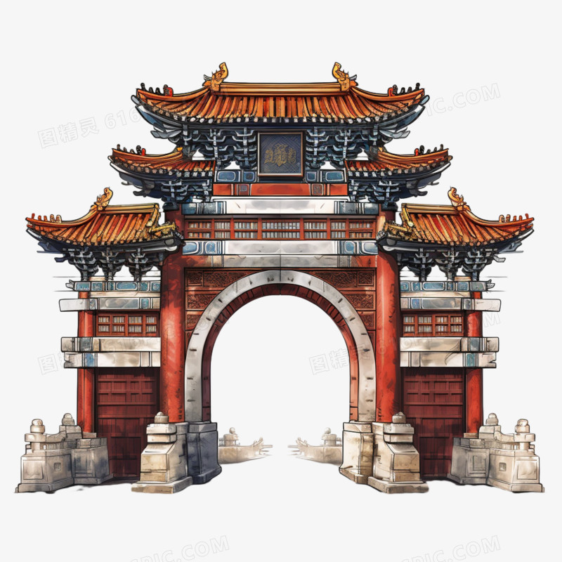 插画风中国风中式门楼建筑免抠素材