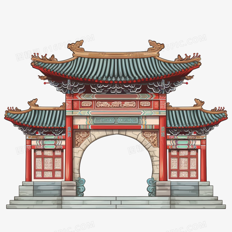 插画风中国风中式门楼建筑免抠素材