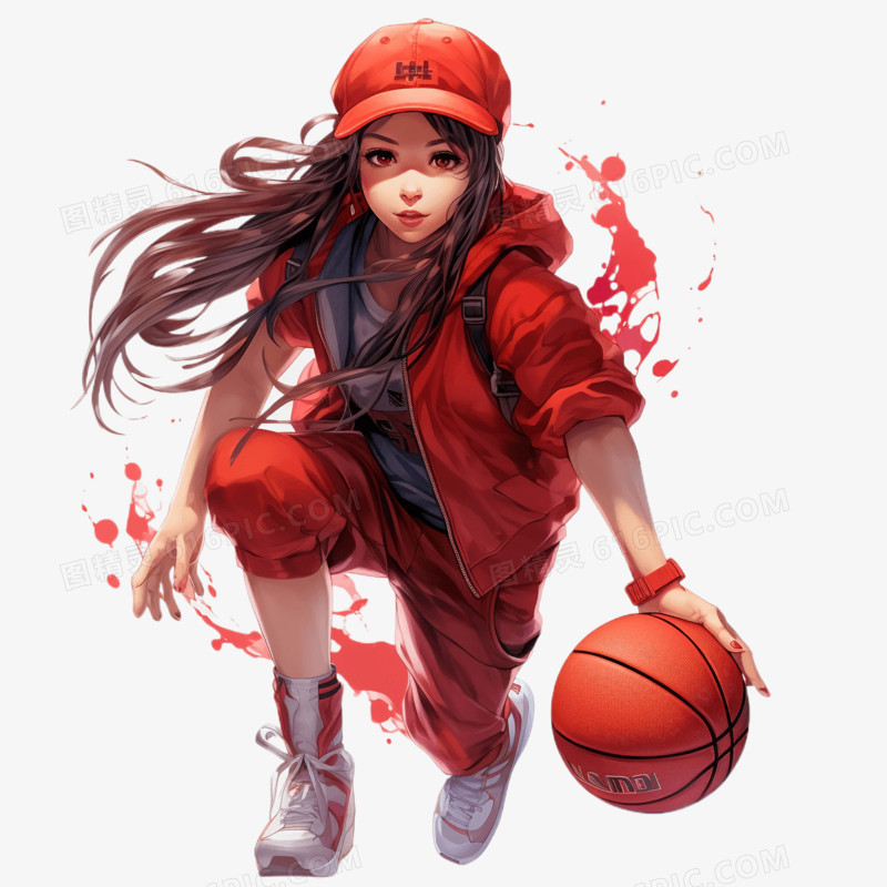 手绘风格女孩打篮球免抠元素