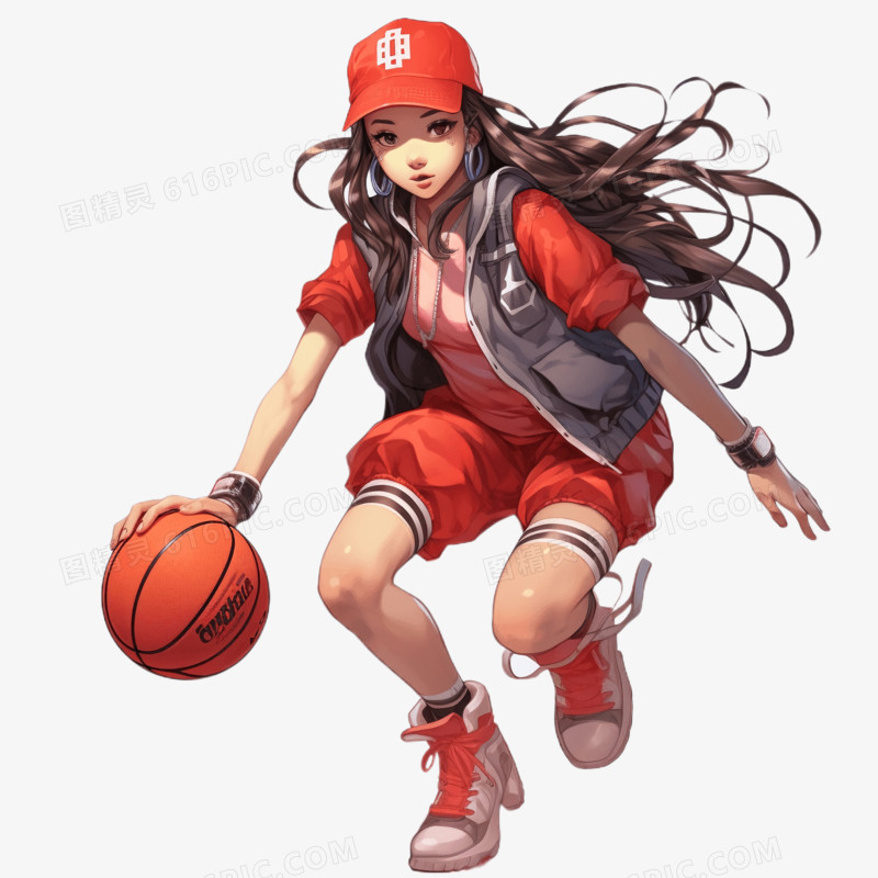 手绘风格女孩打篮球免抠元素