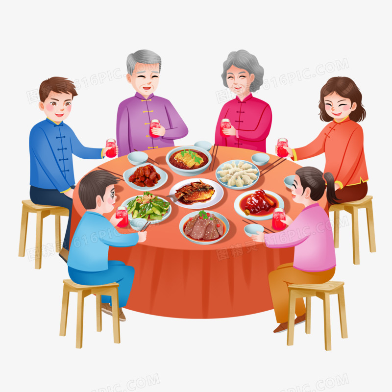 手绘插画一家人吃饭团聚元素