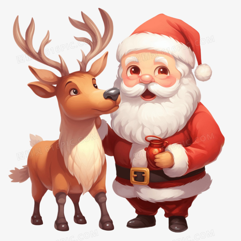 插画风圣诞老人和麋鹿免抠元素