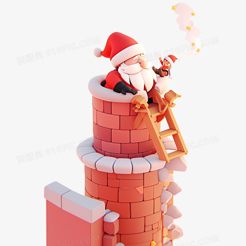 插画风圣诞老人爬烟囱免抠素材
