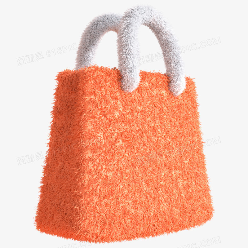 C4D橘色促销毛绒装饰购物袋3d元素
