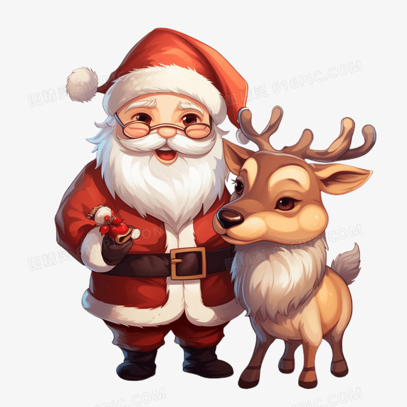 插画风圣诞老人和麋鹿免抠元素