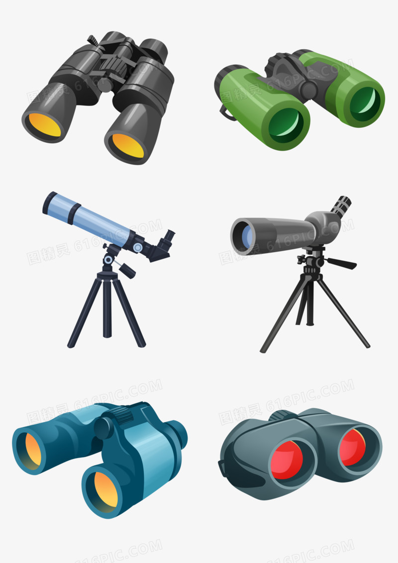 一组手绘插画望远镜不同种类套图合集元素