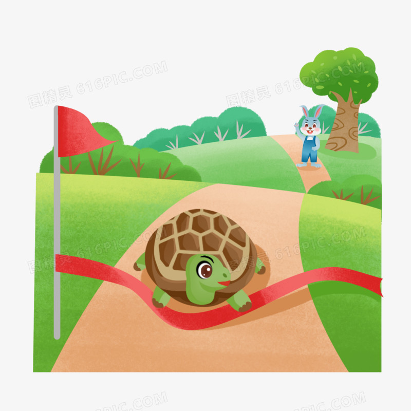 一组手绘插画龟兔赛跑套图合集元素一