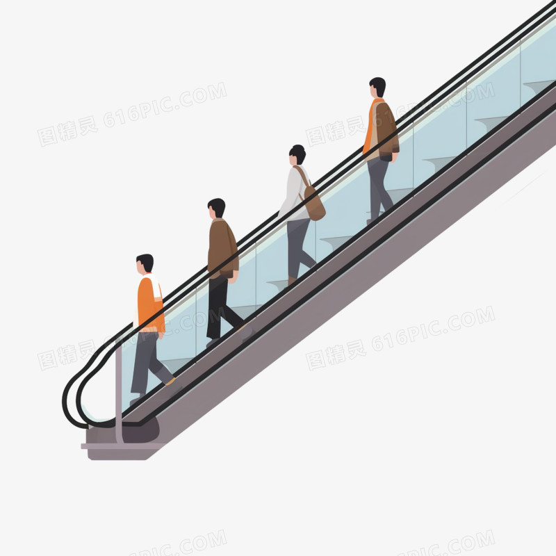 插画商场大厦人乘坐手扶梯免抠元素