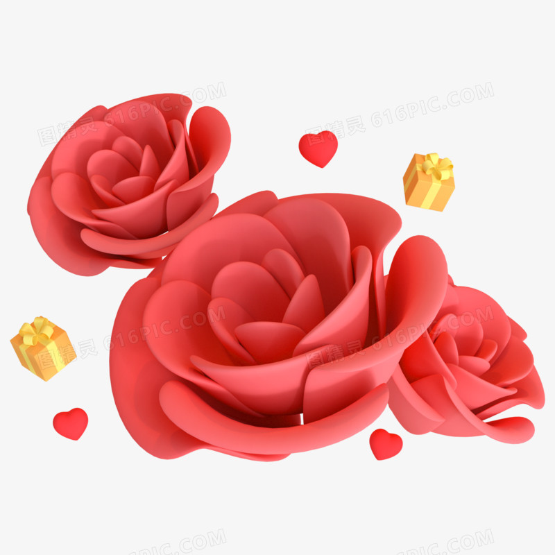 C4D红色清新3d玫瑰花朵3D元素
