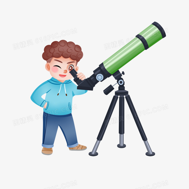 手绘插画小孩用天文望远镜观察天空元素