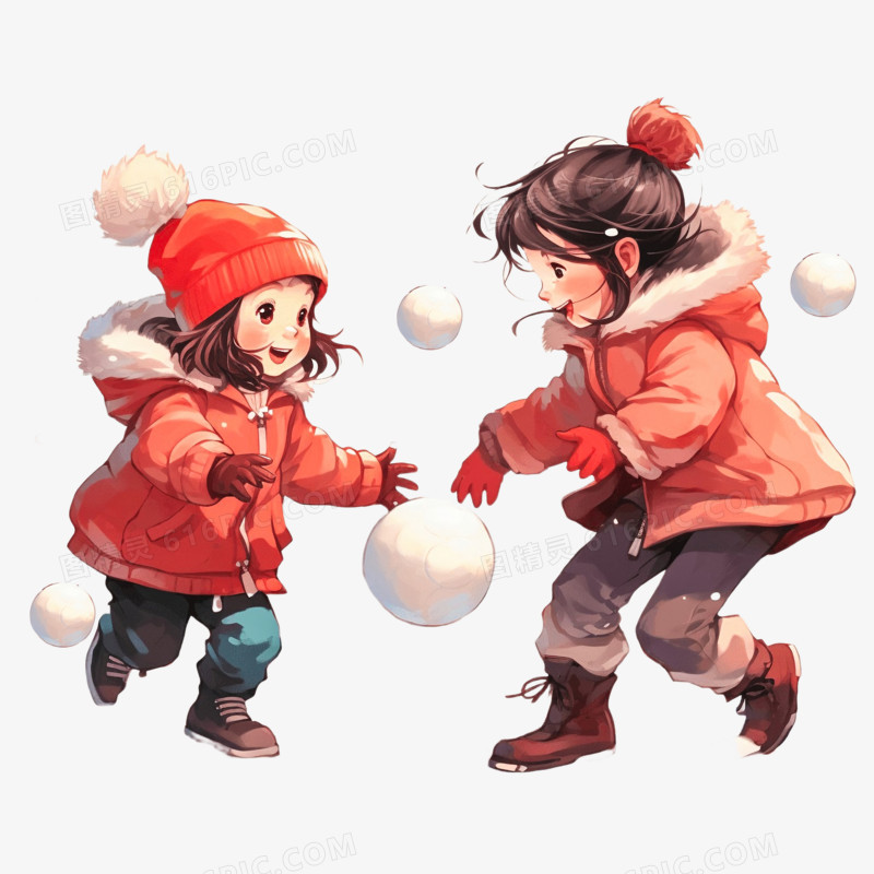 插画风小孩打雪仗免抠元素