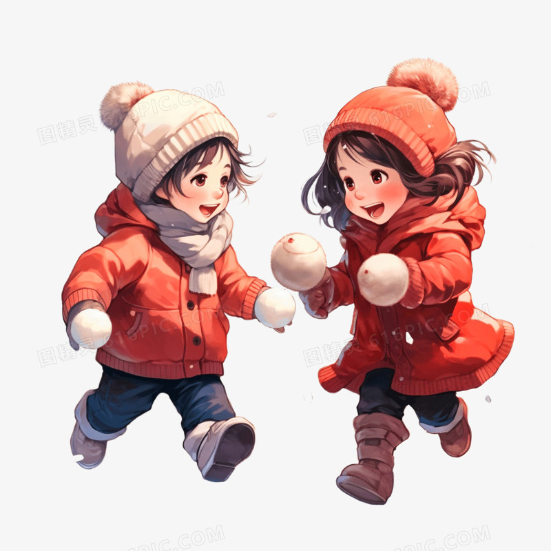 插画风小孩打雪仗免抠元素