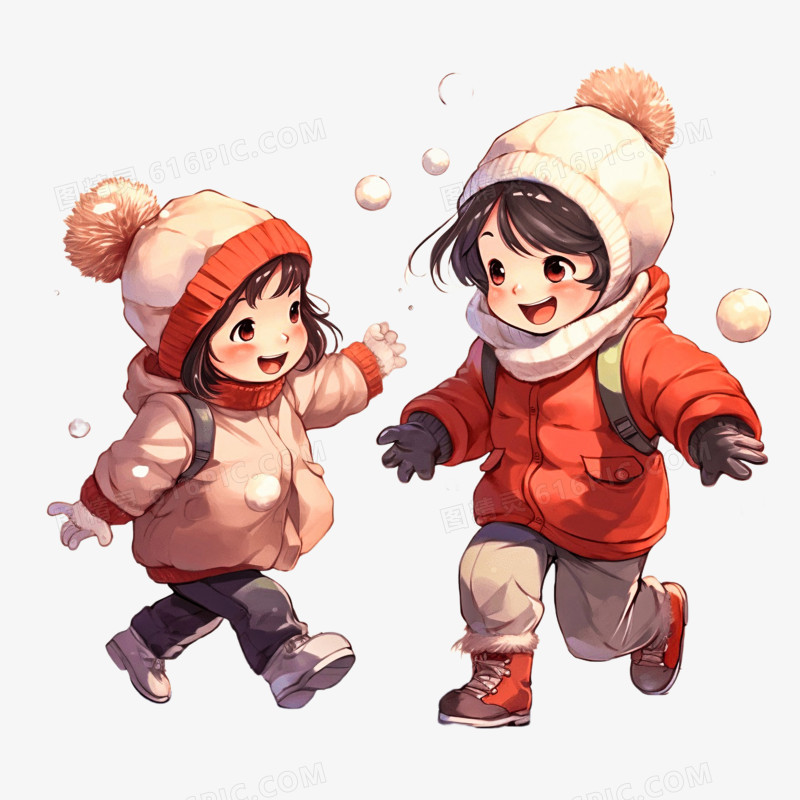 插画风小孩打雪仗免抠元素