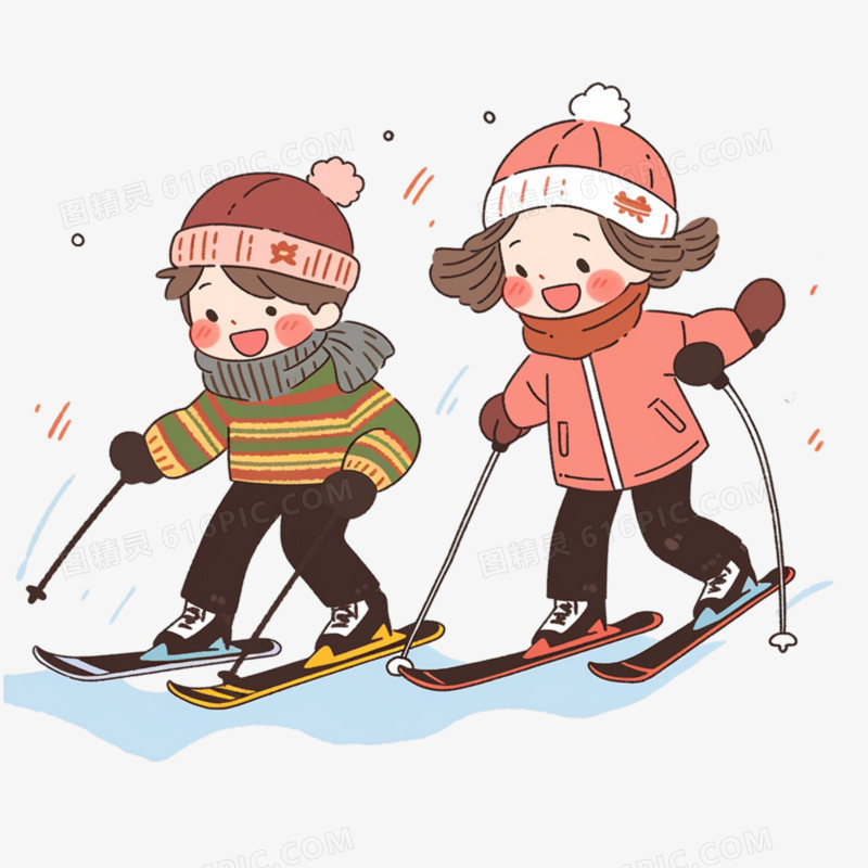 卡通双人滑雪免抠元素