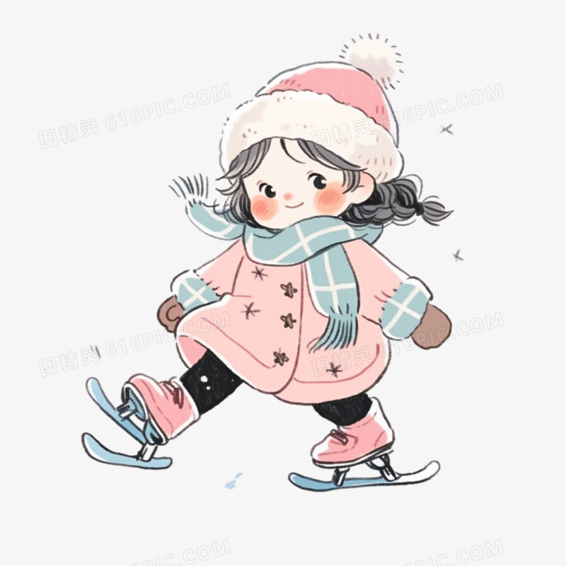 卡通小女孩冰刀滑雪免抠元素