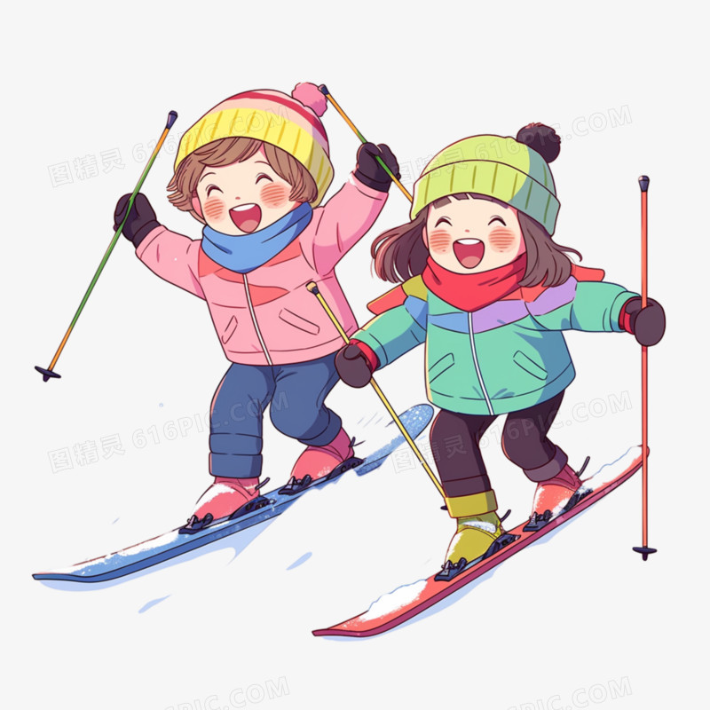 卡通双人滑雪免抠元素