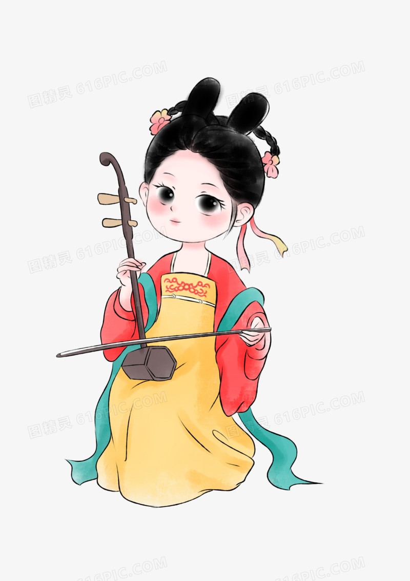 手绘水墨插画风可爱的拉二胡侍女元素