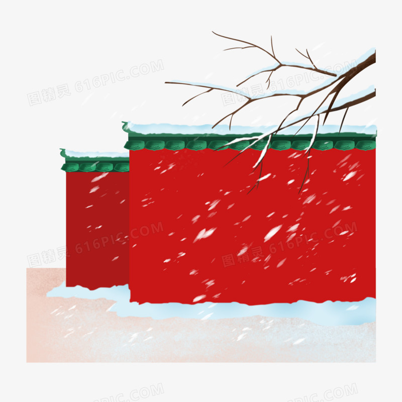一组手绘插画落雪的宫墙屋檐套图合集元素四