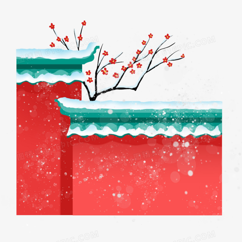 一组手绘插画落雪的宫墙屋檐套图合集元素三
